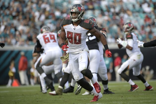 Tampa Bay Buccaneers tight end O.J. Howard (80) runs a route during the first half of an NFL football game against the Jacksonville Jaguars Sunday, Dec. 1, 2019, in Jacksonville, Fla. (AP Photo/Phelan M. Ebenhack)