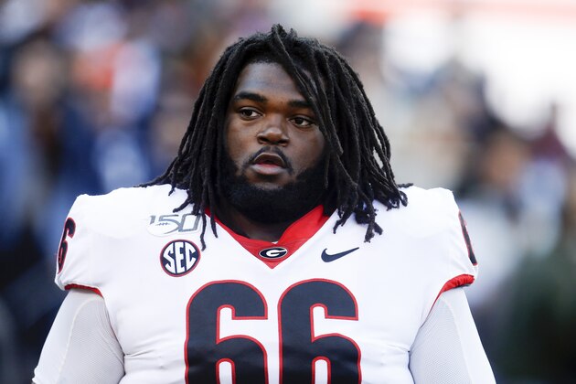 Georgia offensive lineman Solomon Kindley (66) during the first half of an NCAA college football game against Auburn, Saturday, Nov. 16, 2019, in Auburn, Ala. (AP Photo/Butch Dill)