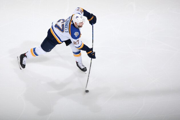 GLENDALE, ARIZONA - DECEMBER 31: Alex Pietrangelo #27 of the St. Louis Blues shoots the puck during the second period of the NHL game against the Arizona Coyotes at Gila River Arena on December 31, 2019 in Glendale, Arizona. (Photo by Christian Petersen/Getty Images)