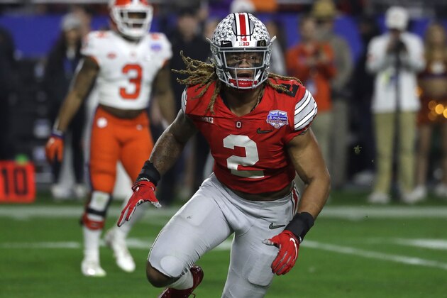 Ohio State defensive end Chase Young (2) during the first half of the Fiesta Bowl NCAA college football game against Clemson, Saturday, Dec. 28, 2019, in Glendale, Ariz. (AP Photo/Rick Scuteri).