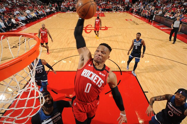HOUSTON, TX - MARCH 10: Russell Westbrook #0 of the Houston Rockets dunks the ball against the Minnesota Timberwolves on March 10, 2020 at the Toyota Center in Houston, Texas. NOTE TO USER: User expressly acknowledges and agrees that, by downloading and or using this photograph, User is consenting to the terms and conditions of the Getty Images License Agreement. Mandatory Copyright Notice: Copyright 2020 NBAE (Photo by Bill Baptist/NBAE via Getty Images)
