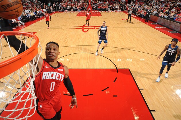 HOUSTON, TX - MARCH 10: Russell Westbrook #0 of the Houston Rockets dunks the ball against the Minnesota Timberwolves on March 10, 2020 at the Toyota Center in Houston, Texas. NOTE TO USER: User expressly acknowledges and agrees that, by downloading and or using this photograph, User is consenting to the terms and conditions of the Getty Images License Agreement. Mandatory Copyright Notice: Copyright 2020 NBAE (Photo by Bill Baptist/NBAE via Getty Images)