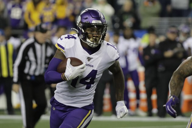 Minnesota Vikings wide receiver Stefon Diggs runs against the Seattle Seahawks during the first half of an NFL football game, Monday, Dec. 2, 2019, in Seattle. (AP Photo/Ted S. Warren)