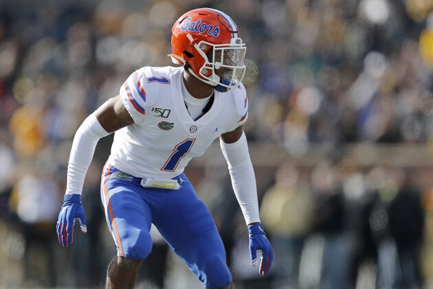 Florida defensive back CJ Henderson takes up his position during the first half of an NCAA college football game against Missouri Saturday, Nov. 16, 2019, in Columbia, Mo. (AP Photo/Jeff Roberson)