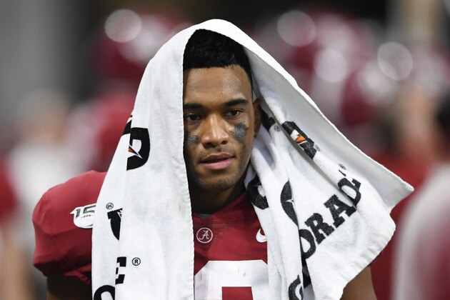 Alabama quarterback Tua Tagovailoa stands on the sideline during an NCAA football game against Duke on Saturday, Aug. 31, 2019 in Atlanta. (AP Photo/John Amis)