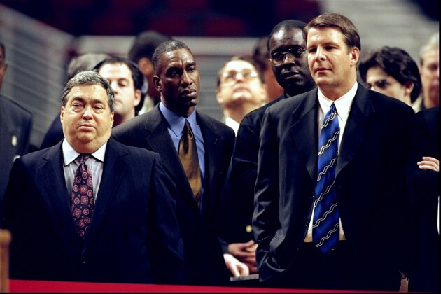 18 Jan 1999:  Chicago Bulls (L) general manager Jerry Krause stands with  Bulls coach Tim Floyd (R) at Michael Jordan's retirement press conference at the United Center in Chicago, Illinios. Mandatory Credit: Jonathan Daniel  /Allsport