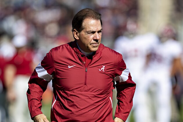 FAYETTEVILLE, AR - NOVEMBER 9:   Head Coach Nick Saban of the Alabama Crimson Tide on the field watching his team warm up before a game against the Mississippi State Bulldogs at Davis Wade Stadium on November 16, 2019 in Starkville, Mississippi.  The Crimson Tide defeated the Bulldogs 38-7.  (Photo by Wesley Hitt/Getty Images)