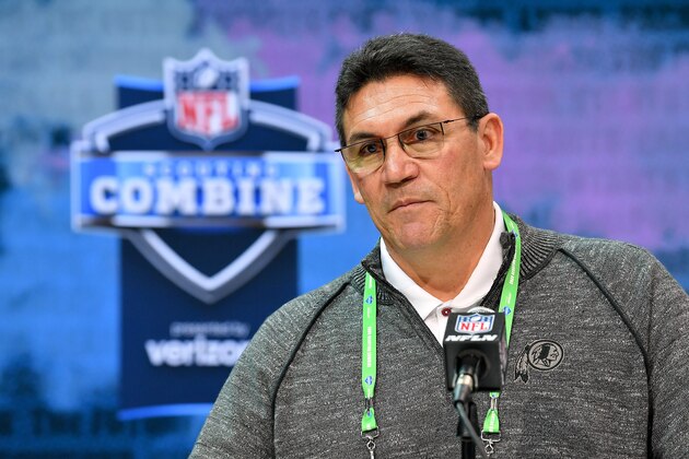 INDIANAPOLIS, INDIANA - FEBRUARY 26: Head coach Ron Rivera of the Washington Redskins interviews during the second day of the 2020 NFL Scouting Combine at Lucas Oil Stadium on February 26, 2020 in Indianapolis, Indiana. (Photo by Alika Jenner/Getty Images)