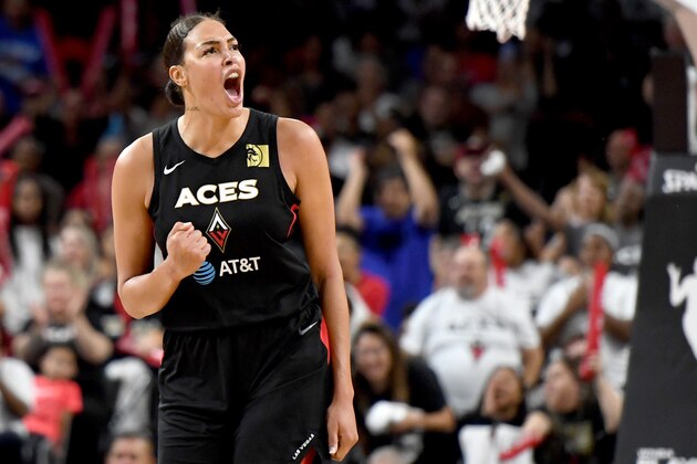 LAS VEGAS, NEVADA - SEPTEMBER 24:  Liz Cambage #8 of the Las Vegas Aces reacts after a turnover by the Washington Mystics during Game Four of the 2019 WNBA Playoff semifinals at the Mandalay Bay Events Center on September 24, 2019 in Las Vegas, Nevada. The Mystics defeated the Aces 94-90 and won the series 3-1. NOTE TO USER: User expressly acknowledges and agrees that, by downloading and or using this photograph, User is consenting to the terms and conditions of the Getty Images License Agreement.  (Photo by Ethan Miller/Getty Images)