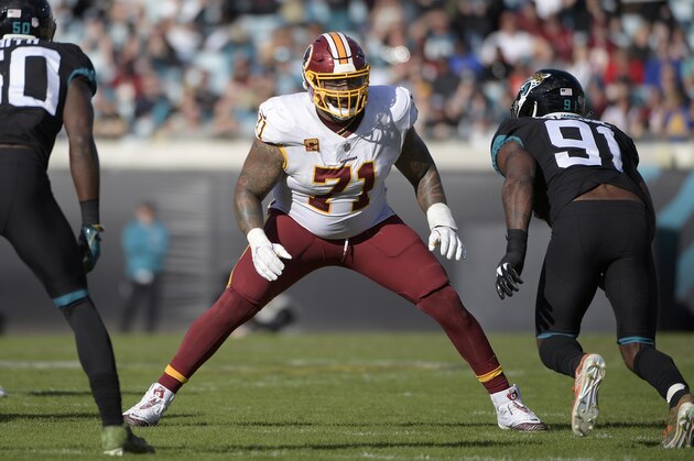 Washington Redskins offensive tackle Trent Williams (71) sets up to block in front of Jacksonville Jaguars defensive end Yannick Ngakoue (91) during the second half of an NFL football game Sunday, Dec. 16, 2018, in Jacksonville, Fla. (AP Photo/Phelan M. Ebenhack)