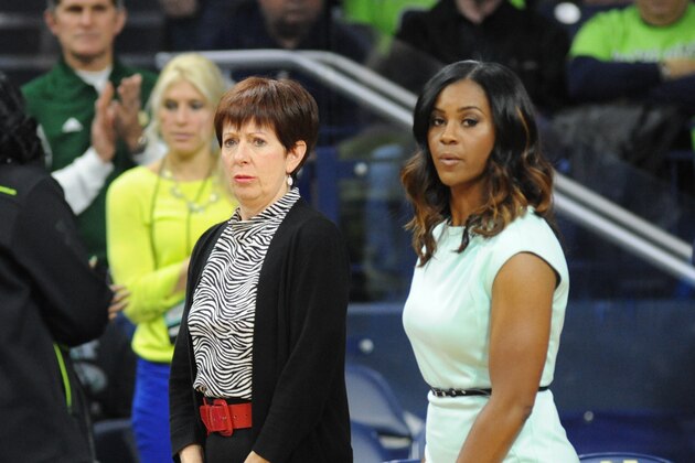 Notre Dame coach Muffet McGraw, left, stands during the national anthem with assistant coach Niele Ivey before the team's college basketball game against DePaul in the second round of the NCAA women's tournament in South Bend, Ind., Sunday, March 22, 2015. (AP Photo/Joe Raymond) Notre Dame coach Muffet McGraw, left, stands during the national anthem with assistant coach Niele Ivey before the team's college basketball game against DePaul in the second round of the NCAA women's tournament in South Bend, Ind., Sunday, March 22, 2015. (AP Photo/Joe Raymond)