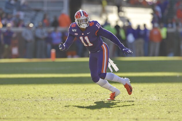 Clemson's Isaiah Simmons works during the first half of an NCAA college football game against Wofford Saturday, Nov. 2, 2019, in Clemson, S.C. (AP Photo/Richard Shiro)