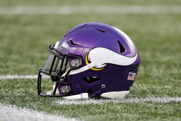 A Minnesota Vikings helmet sits on the field before an NFL football game between the New England Patriots and the Minnesota Vikings at Gillette Stadium, Sunday, Dec. 2, 2018 in Foxborough, Mass. (Winslow Townson/AP Images for Panini)