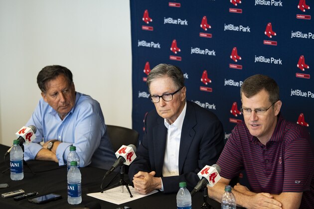 FT. MYERS, FL - FEBRUARY 17: Chairman Tom Werner, Principal Owner John Henry, and President & CEO Sam Kennedy of the Boston Red Sox speak to the media during a press conference during a team workout on February 17, 2020 at jetBlue Park at Fenway South in Fort Myers, Florida. (Photo by Billie Weiss/Boston Red Sox/Getty Images)