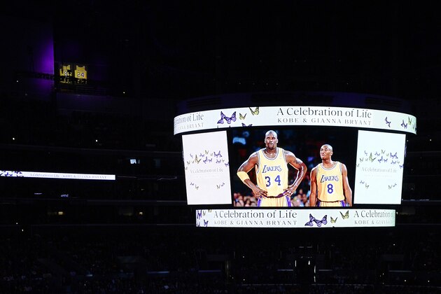 LOS ANGELES, CALIFORNIA - FEBRUARY 24: A general view of the jumbotron as Shaquille O'Neal speaks during The Celebration of Life for Kobe & Gianna Bryant at Staples Center on February 24, 2020 in Los Angeles, California. (Photo by Kevork Djansezian/Getty Images) LOS ANGELES, CALIFORNIA - FEBRUARY 24: A general view of the jumbotron as Shaquille O'Neal speaks during The Celebration of Life for Kobe & Gianna Bryant at Staples Center on February 24, 2020 in Los Angeles, California. (Photo by Kevork Djansezian/Getty Images)