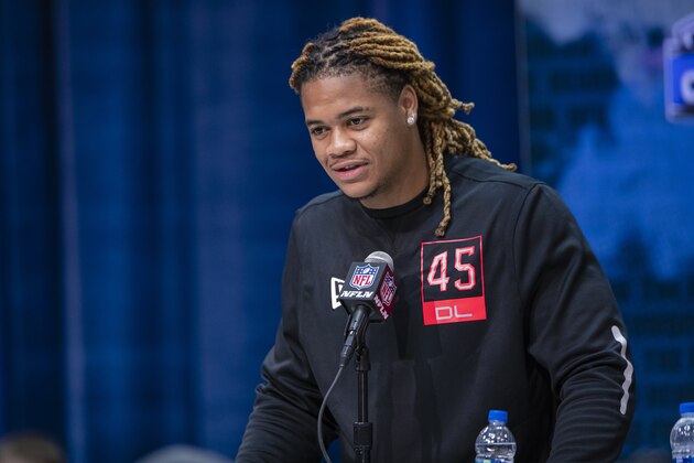 INDIANAPOLIS, IN - FEBRUARY 27: Chase Young #DL45 of the Ohio State Buckeyes speaks to the media at the Indiana Convention Center on February 27, 2020 in Indianapolis, Indiana. (Photo by Michael Hickey/Getty Images)