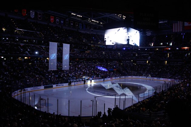TAMPA, FL - MAY 19:  The Tampa Bay Lightning logo is displayed on the ice in Game Three of the Eastern Conference Finals against the Boston Bruins during the 2011 NHL Stanley Cup Playoffs at St Pete Times Forum on May 19, 2011 in Tampa, Florida.  (Photo by Justin K. Aller/Getty Images)