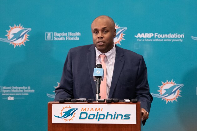 DAVIE, FL - FEBRUARY 04: Chris Grier General Manager of the Miami Dolphins speaks during a press conference as he introduces Brian Flores as the new Head Coach of the Miami Dolphins at Baptist Health Training Facility at Nova Southern University on February 4, 2019 in Davie, Florida. (Photo by Mark Brown/Getty Images)