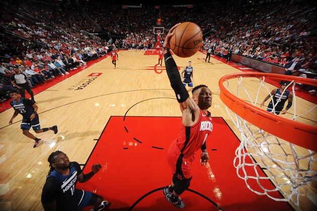 HOUSTON, TX - MARCH 10: Russell Westbrook #0 of the Houston Rockets dunks the ball against the Minnesota Timberwolves on March 10, 2020 at the Toyota Center in Houston, Texas. NOTE TO USER: User expressly acknowledges and agrees that, by downloading and or using this photograph, User is consenting to the terms and conditions of the Getty Images License Agreement. Mandatory Copyright Notice: Copyright 2020 NBAE (Photo by Bill Baptist/NBAE via Getty Images) HOUSTON, TX - MARCH 10: Russell Westbrook #0 of the Houston Rockets dunks the ball against the Minnesota Timberwolves on March 10, 2020 at the Toyota Center in Houston, Texas. NOTE TO USER: User expressly acknowledges and agrees that, by downloading and or using this photograph, User is consenting to the terms and conditions of the Getty Images License Agreement. Mandatory Copyright Notice: Copyright 2020 NBAE (Photo by Bill Baptist/NBAE via Getty Images)