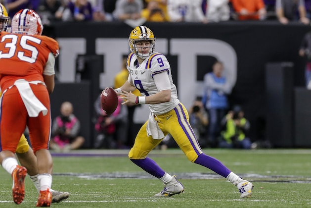 NEW ORLEANS, LA - JANUARY 13: Quarterback Joe Burrow #9 of the LSU Tigers on a pass play during the College Football Playoff National Championship game against the Clemson Tigers at the Mercedes-Benz Superdome on January 13, 2020 in New Orleans, Louisiana. LSU defeated Clemson 42 to 25. (Photo by Don Juan Moore/Getty Images)
