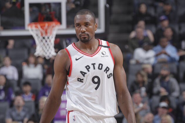 SACRAMENTO, CA - MARCH 8: Serge Ibaka #9 of the Toronto Raptors looks on during the game against the Sacramento Kings on March 8, 2020 at Golden 1 Center in Sacramento, California. NOTE TO USER: User expressly acknowledges and agrees that, by downloading and or using this photograph, User is consenting to the terms and conditions of the Getty Images Agreement. Mandatory Copyright Notice: Copyright 2020 NBAE (Photo by Rocky Widner/NBAE via Getty Images)