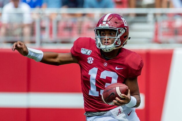 Alabama quarterback Tua Tagovailoa (13) during the second half of an NCAA college football game against Southern Miss, Saturday, Sept. 21, 2019, in Tuscaloosa, Ala. (AP Photo/Vasha Hunt)