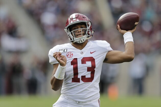 Alabama quarterback Tua Tagovailoa (13) passes down field against Texas A&M during the second half of an NCAA college football game, Saturday, Oct. 12, 2019, in College Station, Texas. (AP Photo/Sam Craft)