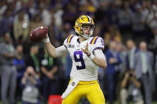 FILE - In this Jan. 13, 2020, file photo, LSU quarterback Joe Burrow throws a pass against Clemson during the second half of the NCAA College Football Playoff national championship game in New Orleans. The last time the Cincinnati Bengals had the top pick in the draft was 2003 when they took quarterback Carson Palmer, the Heisman Trophy winner from USC. They get to choose first again next week and are expected to take Heisman Trophy winner Burrow. (AP Photo/Gerald Herbert, File)