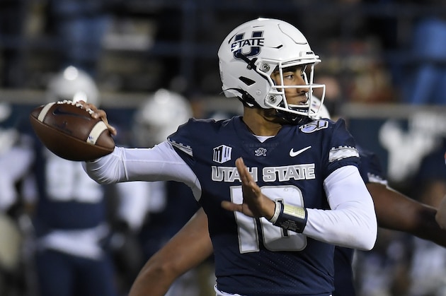 Utah State quarterback Jordan Love (10) throws the ball against Boise State during the second half of an NCAA college football game Saturday, Nov. 23, 2019, in Logan, Utah. (AP Photo/Eli Lucero)