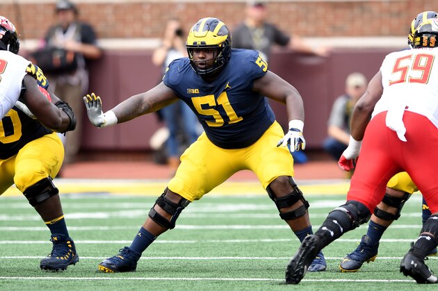ANN ARBOR, MI - OCTOBER 06:  Cesar Ruiz #51 of the Michigan Wolverines blocks against the Maryland Terrapins at Michigan Stadium on October 6, 2018 in Ann Arbor, Michigan.  (Photo by G Fiume/Maryland Terrapins/Getty Images)