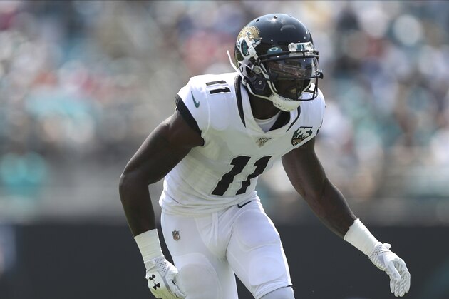 Jacksonville Jaguars wide receiver Marqise Lee (11) makes a moves off the line of scrimmage during an NFL football game against the Kansas City Chiefs, Sunday, Sept. 8, 2019, in Jacksonville, Fla. The Chiefs defeated the Jaguars 40-26. (AP Photo/Perry Knotts)