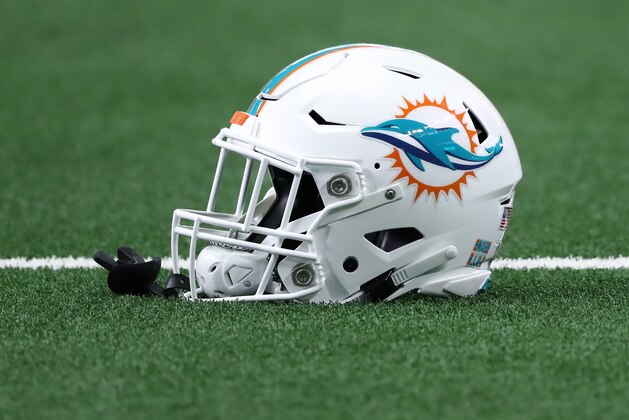 ARLINGTON, TEXAS - SEPTEMBER 22:  A Miami Dolphins helmet at AT&T Stadium on September 22, 2019 in Arlington, Texas. (Photo by Ronald Martinez/Getty Images)