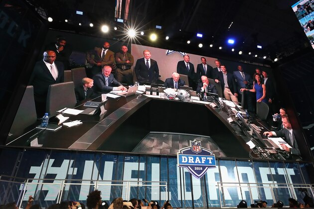 ARLINGTON, TX - APRIL 26:  The Dallas Cowboys war room is seen on a video board during the first round of the 2018 NFL Draft at AT&T Stadium on April 26, 2018 in Arlington, Texas.  (Photo by Ronald Martinez/Getty Images)