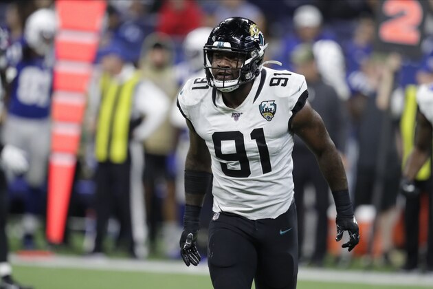 Jacksonville Jaguars defensive end Yannick Ngakoue (91) in action during the first half of an NFL football game against the Indianapolis Colts, Sunday, Nov. 17, 2019, in Indianapolis. (AP Photo/Michael Conroy)