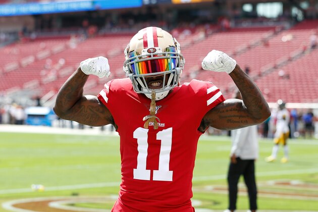 SANTA CLARA, CALIFORNIA - SEPTEMBER 22: Marquise Goodwin #11 of the San Francisco 49ers poses for the camera during the warm up before the game against the Pittsburgh Steelers at Levi's Stadium on September 22, 2019 in Santa Clara, California. (Photo by Lachlan Cunningham/Getty Images)