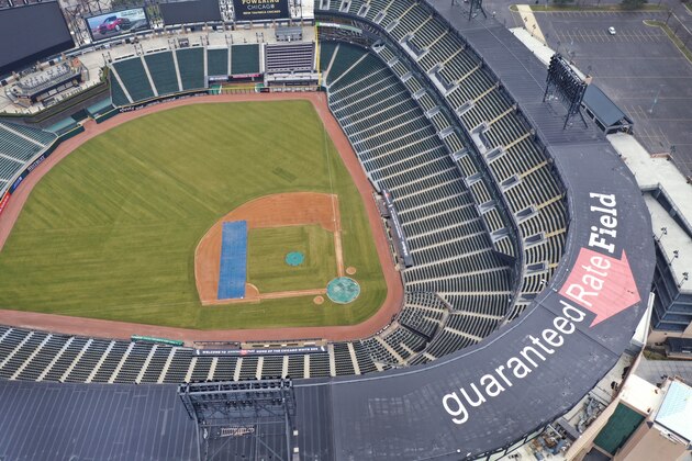 CHICAGO, ILLINOIS - MARCH 26: An aerial view from a drone shows Guaranteed Rate Field, home of the Chicago White Sox, which, like all Major League Baseball (MLB) parks sits nearly empty on what was to be opening day on March 26, 2020 in Chicago, Illinois. The White Sox were scheduled to host the Kansas City Royals at the park today. MLB has postponed the start of its season indefinitely due to the coronavirus (COVID-19) outbreak.  (Photo by Scott Olson/Getty Images)