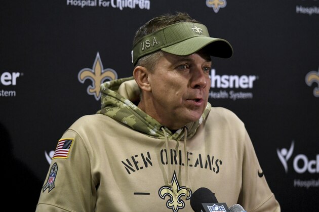 New Orleans Saints head coach Sean Payton talks with the media following an NFL football game against the Tampa Bay Buccaneers Sunday, Nov. 17, 2019, in Tampa, Fla. (AP Photo/Jason Behnken)