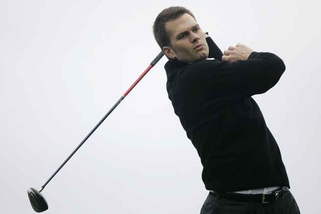 New England Patriots quarterback Tom Brady tees off during the first round of Pebble Beach National Pro Am at the Spyglass Hill golf course in Pebble Beach, Calif., Thursday, Feb. 8, 2007.(AP Photo/Marcio Jose Sanchez)