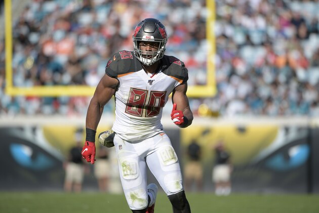 Tampa Bay Buccaneers tight end O.J. Howard (80) runs a route during the first half of an NFL football game against the Jacksonville Jaguars Sunday, Dec. 1, 2019, in Jacksonville, Fla. (AP Photo/Phelan M. Ebenhack)