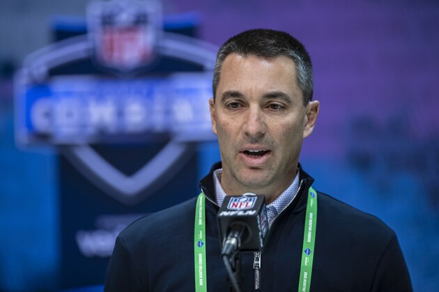 INDIANAPOLIS, IN - FEBRUARY 25: General manager Tom Telesco of the Los Angeles Chargers speaks to the media at the Indiana Convention Center on February 25, 2020 in Indianapolis, Indiana. (Photo by Michael Hickey/Getty Images) *** Local Capture *** Tom Telesco