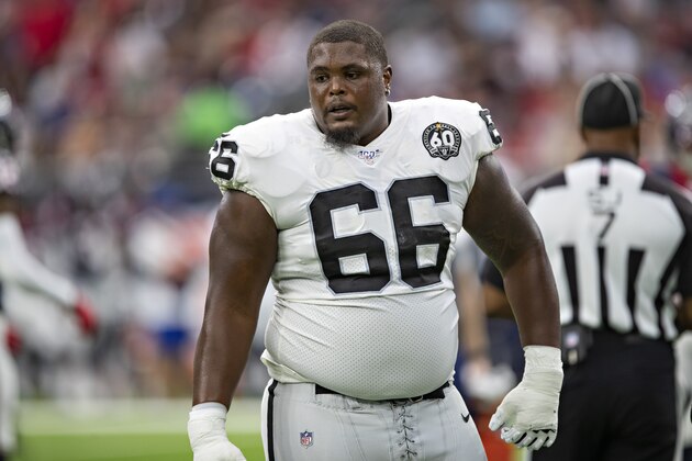 HOUSTON, TX - OCTOBER 27:  Gabe Jackson #66 of the Oakland Raiders on the sidelines during a game against the Houston Texans at NRG Stadium on October 27, 2019 in Houston, Texas.  The Texans defeated the Raiders 27-24.  (Photo by Wesley Hitt/Getty Images)