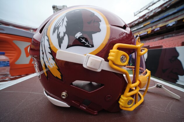 A Washington Redskins helmet sits on an equipment box prior to an NFL football game between the New York Jets and Washington Redskins, Sunday, Nov. 17, 2019, in Landover, Md. (AP Photo/Mark Tenally)