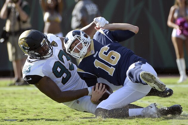 Jacksonville Jaguars defensive lineman Calais Campbell (93) sacks Los Angeles Rams quarterback Jared Goff (16) during the first half of an NFL football game, Sunday, Oct. 15, 2017, in Jacksonville, Fla. (AP Photo/Phelan M. Ebenhack)