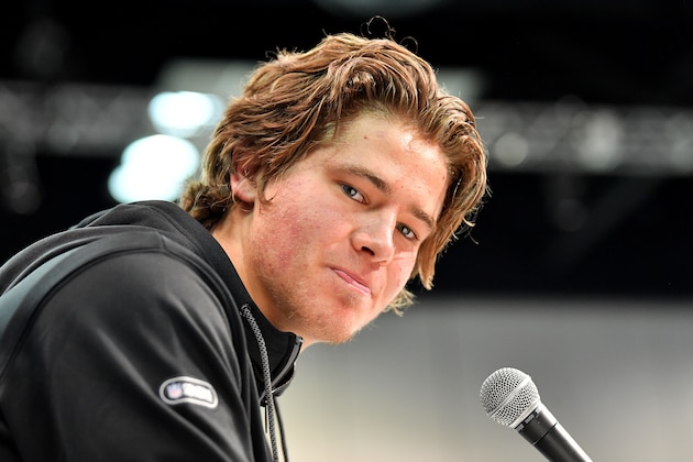 INDIANAPOLIS, INDIANA - FEBRUARY 25: Justin Herbert #QB07 of Oregon interviews during the first day of the NFL Scouting Combine at Lucas Oil Stadium on February 25, 2020 in Indianapolis, Indiana. (Photo by Alika Jenner/Getty Images)