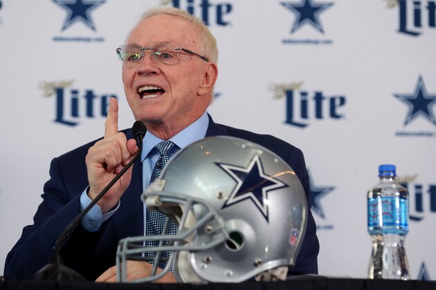FRISCO, TEXAS - JANUARY 08: Team owner Jerry Jones of the Dallas Cowboys talks with the media during a press conference at the Ford Center at The Star on January 08, 2020 in Frisco, Texas. (Photo by Tom Pennington/Getty Images)