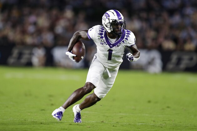 TCU wide receiver Jalen Reagor runs after a catch against Purdue during the first half of an NCAA college football game in West Lafayette, Ind., Saturday, Sept. 14, 2019. (AP Photo/Michael Conroy)