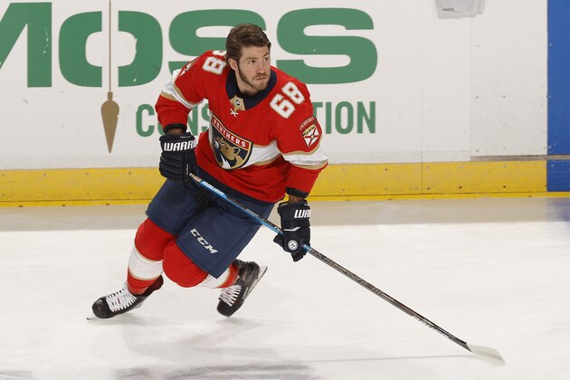 SUNRISE, FL - FEBRUARY 29: Mike Hoffman #68 of the Florida Panthers skates prior to the game against the Chicago Blackhawks at the BB&T Center on February 29, 2020 in Sunrise, Florida. The Blackhawks defeated the Panthers 3-2 in the shootout. (Photo by Joel Auerbach/Getty Images)