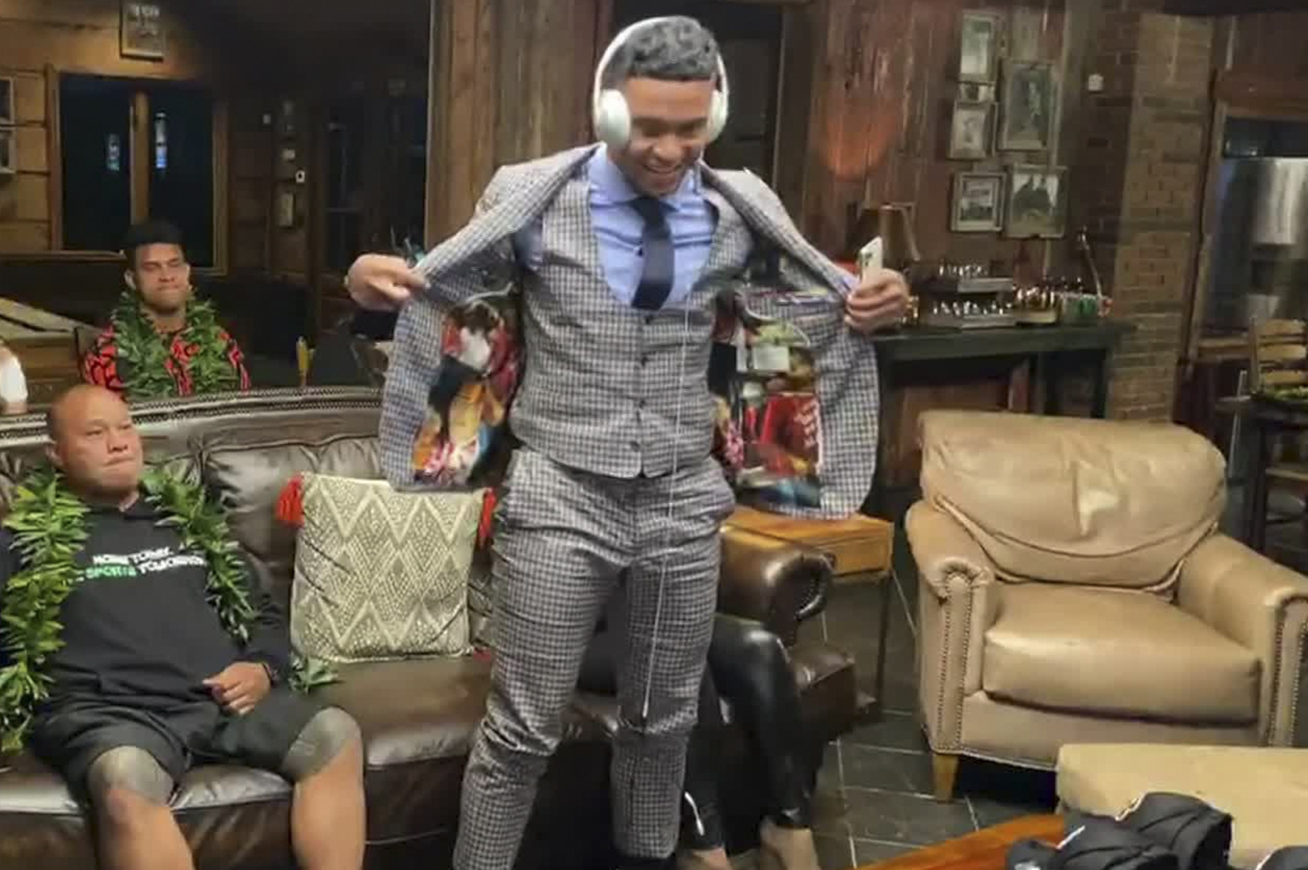UNSPECIFIED LOCATION - APRIL 23: (EDITORIAL USE ONLY) In this still image from video provided by the NFL, Tua Tagovailoa shows off the lining of his jacket during the first round of the 2020 NFL Draft on April 23, 2020. (Photo by NFL via Getty Images)