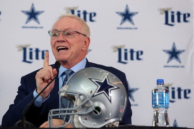 FRISCO, TEXAS - JANUARY 08: Team owner Jerry Jones of the Dallas Cowboys talks with the media during a press conference at the Ford Center at The Star on January 08, 2020 in Frisco, Texas. (Photo by Tom Pennington/Getty Images)