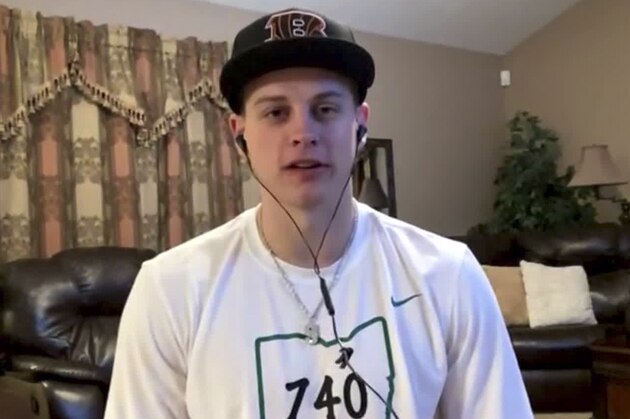 CORRECTS LOCATION TO THE PLAINS, OHIO, INSTEAD OF ATHENS, OHIO - In this still image from video provided by the NFL, LSU quarterback Joe Burrow appears in The Plains, Ohio, during the NFL football draft Thursday, April 23, 2020. (NFL via AP)